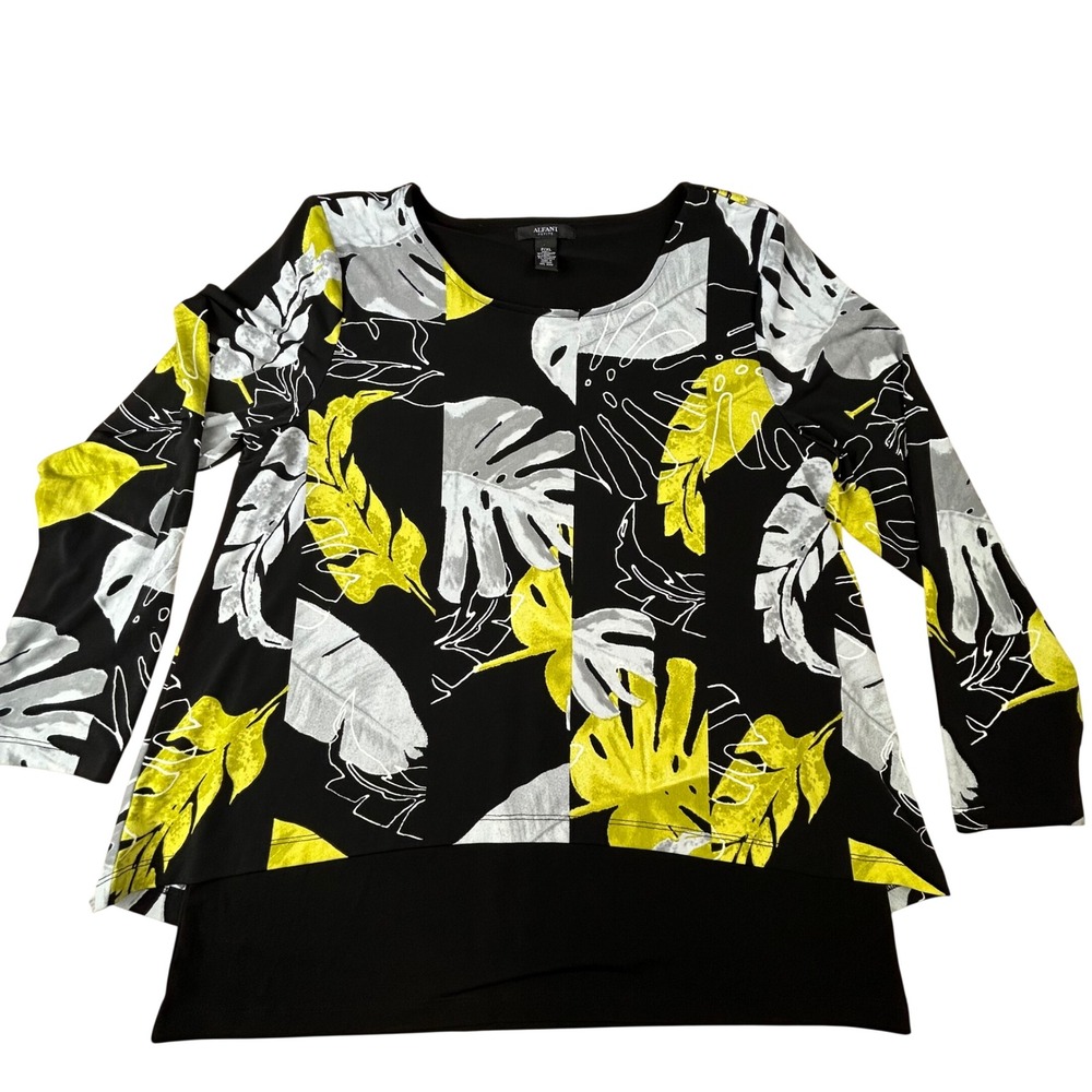 Alfani Petite XL Black Yellow Tropical Leaf Layered High Low Blouse Top SP18